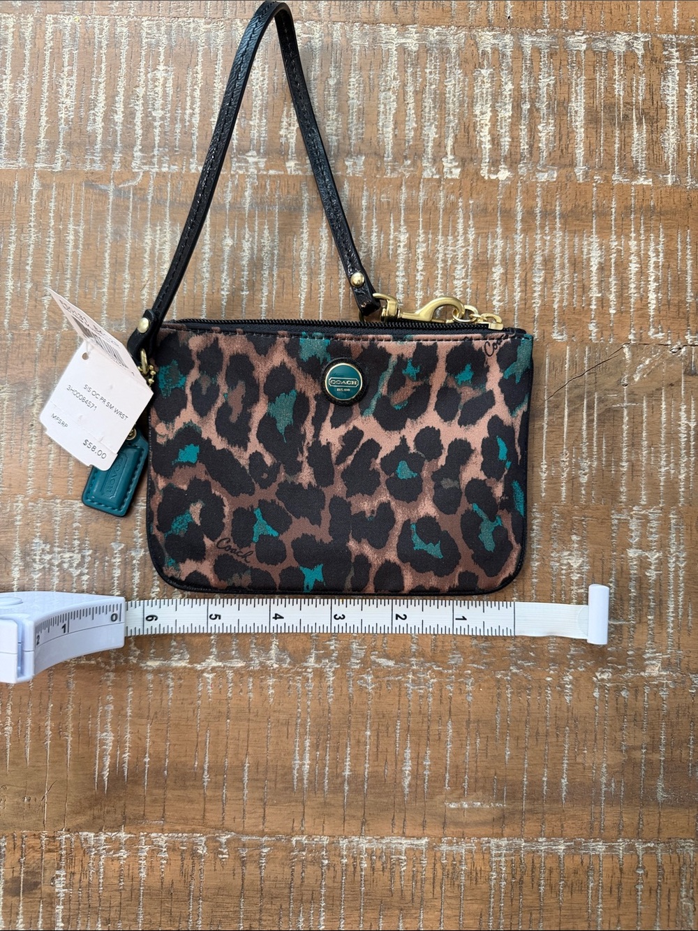 Coach Brown Leopard Wristlet with Teal Accents
